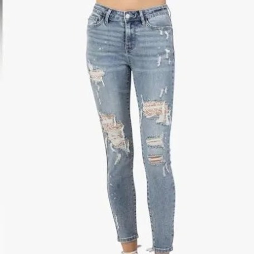 Judy Blue Lace Patch Distressed Skinny Jeans Light Blue JB88432 Size 5 NEW